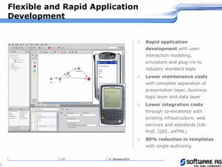 21 Oktoberi200313
o Rapid application
development with user-
interaction modeling,
emulators and plug-ins to
industry standard tools
o Lower maintenance costs
with complete separation of
presentation layer, business
logic layer and data layer
o Lower integration costs
through co-existence with
existing infrastructure, web
services and standards (UA-
Prof, J2EE, xHTML)
o 80% reduction in templates
with single authoring
Flexible and Rapid Application
Development
 