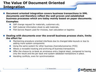 21 Oktoberi200318
The Value Of Document Oriented
Integration
" Document oriented integration covers business transactions in XML
documents and therefore reflect the well proven and established
business processes which are today mainly based on paper documents.
Examples:
# SAP change request for materials, customers etc.
# SAP material information sheet to add materials.
# FSA Service Report used for invoices, loan calculation or logistics
" Dealing with documents over the overall business process chain, limits
the effort for
# Maintaining procedure oriented interfaces due to changed data layouts or due to
adding more system components
# Using the same system for other business channels/scenarios (TCO)
# Allows a revisable tracking and archiving of business transactions
# Offer the chance to re-book an erroneous entry (logical step), compared to having
only the result and the per back end system database transactions in place.
# Handling conflicts, even for synchronization
 