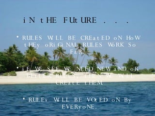 iN tHE FUtURE . . . RULES WiLL BE CREatED oN HoW tHEy oRiGiNAL RULES WoRK So FaR.  iF WE SEE WE NEED NEW aND oR BEttER RULES, tHEN WE WiLL CREatE tHEM. RULEs WiLL BE VOtED oN By EVERyoNE. 