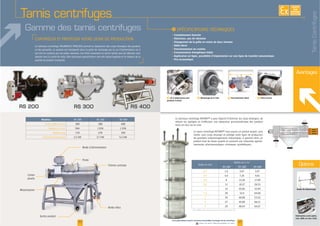 20
Avantages
F Encombrement réduit
I
Complètement étanche
Silencieux, pas de vibration
Changement de la grille en moins de deux minutes
Débit élevé
Fonctionnement en continu
Consommation énergétique faible
Application en ligne, possibilité d’implantation sur une ligne de transfert pneumatique
Prix économique
EXISTE
SUR
MESURE
21
F Vis d’alimentation sous
goulotte d’entrée
F Démontage de la toile F Porte d’accès
Guide de démontage
Fabrication acier peint,
inox 304L et inox 316L
Options
Gamme des tamis centrifuges
www.palamaticprocess.fr/machines-industrielles/tamisage/tamis-centrifuge
Vidéos & plans téléchargeables en ligne
Sortie produit
Carter
poulie
Modèles RS 200 RS 300
200 300
Hauteur en mm
270
RS 200 RS 300
8
20
2
3 27
29
Tamis centrifuges
TamisCentrifuges
 