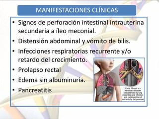 MANIFESTACIONES CLÍNICAS
• Signos de perforación intestinal intrauterina
  secundaria a íleo meconial.
• Distensión abdominal y vómito de bilis.
• Infecciones respiratorias recurrente y/o
  retardo del crecimiento.
• Prolapso rectal
• Edema sin albuminuria.
• Pancreatitis
 