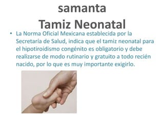 samanta
Tamiz Neonatal
• La Norma Oficial Mexicana establecida por la
Secretaría de Salud, indica que el tamiz neonatal para
el hipotiroidismo congénito es obligatorio y debe
realizarse de modo rutinario y gratuito a todo recién
nacido, por lo que es muy importante exigirlo.
 