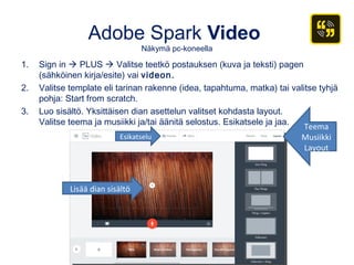 Adobe Spark Video
Näkymä pc-koneella
1. Sign in  PLUS  Valitse teetkö postauksen (kuva ja teksti) pagen
(sähköinen kirja/esite) vai videon.
2. Valitse template eli tarinan rakenne (idea, tapahtuma, matka) tai valitse tyhjä
pohja: Start from scratch.
3. Luo sisältö. Yksittäisen dian asettelun valitset kohdasta layout.
Valitse teema ja musiikki ja/tai äänitä selostus. Esikatsele ja jaa.
Esikatselu
Lisää dian sisältö
Teema
Musiikki
Layout
 