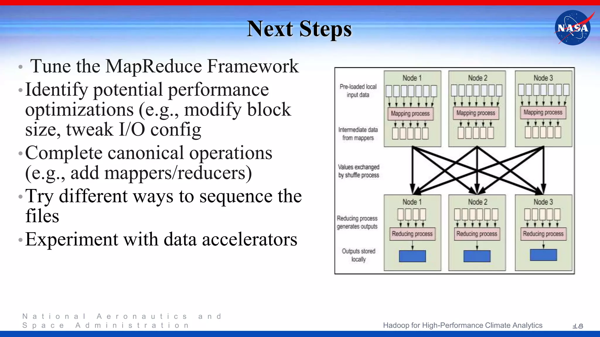 N a t i o n a l A e r o n a u t i c s a n d S p a c e A d m i n i s t r a t i o n Next Steps • Tune the MapReduce Framework •Identify potential performance optimizations (e.g., modify block size, tweak I/O config •Complete canonical operations (e.g., add mappers/reducers) •Try different ways to sequence the files •Experiment with data accelerators 18Hadoop for High-Performance Climate Analytics 