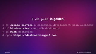 $ cf push is golden. 
$ cf create-service p-cassandra development-plan eventsdb 
$ cf bind-service eventsdb dashboard 
$ cf push dashboard 
$ open https://dashboard.mypcf.com 
Pivotal #CassandraSummit 
 