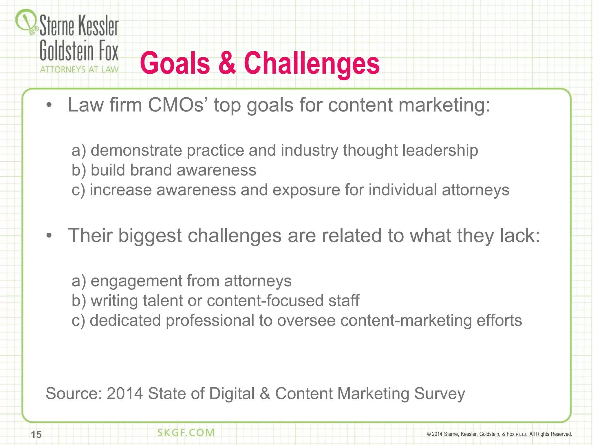 © 2014 Sterne, Kessler, Goldstein, & Fox P.L.L.C. All Rights Reserved.
Goals & Challenges
• Law firm CMOs’ top goals for content marketing:
a) demonstrate practice and industry thought leadership
b) build brand awareness
c) increase awareness and exposure for individual attorneys
• Their biggest challenges are related to what they lack:
a) engagement from attorneys
b) writing talent or content-focused staff
c) dedicated professional to oversee content-marketing efforts
Source: 2014 State of Digital & Content Marketing Survey
15
 