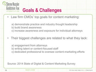 © 2014 Sterne, Kessler, Goldstein, & Fox P.L.L.C. All Rights Reserved.
Goals & Challenges
• Law firm CMOs’ top goals for content marketing:
a) demonstrate practice and industry thought leadership
b) build brand awareness
c) increase awareness and exposure for individual attorneys
• Their biggest challenges are related to what they lack:
a) engagement from attorneys
b) writing talent or content-focused staff
c) dedicated professional to oversee content-marketing efforts
Source: 2014 State of Digital & Content Marketing Survey
15
 