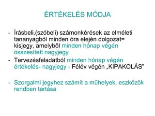 ÉRTÉKELÉS MÓDJAÍrásbeli,(szóbeli) számonkérések az elméleti tananyagból minden óra elején dolgozat= kisjegy, amelyből minden hónap végén összesített nagyjegy