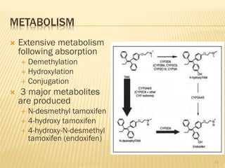 METABOLISM
 Extensive metabolism
following absorption
 Demethylation
 Hydroxylation
 Conjugation
 3 major metabolites
are produced
 N-desmethyl tamoxifen
 4-hydroxy tamoxifen
 4-hydroxy-N-desmethyl
tamoxifen (endoxifen)
11
 