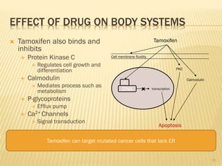 EFFECT OF DRUG ON BODY SYSTEMS
 Tamoxifen also binds and
inhibits
 Protein Kinase C
 Regulates cell growth and
differentiation
 Calmodulin
 Mediates process such as
metabolism
 P-glycoproteins
 Efflux pump
 Ca2+ Channels
 Signal transduction
Tamoxifen can target mutated cancer cells that lack ER
Tamoxifen
Cell membrane fluidity
Calmodulin
PKC
DNA
ER
transcription
Apoptosis
x
15
 