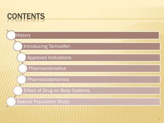 CONTENTS
History
Introducing Tamoxifen
Approved Indications
Pharmacokinetics
Pharmacodynamics
Effect of Drug on Body Systems
Special Population Study
3
 