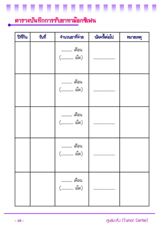 - 10 - ศูนย์มะเร็ง (Tumor Center) 
ตารางบันทึกการรับยาทาม๊อกซิเฟน 
ปีที่กิน 
วันที่ 
จานวนยาที่จ่าย 
นัดครั้งต่อไป 
หมายเหตุ 
.............. เดือน 
(................ เม็ด) 
………………………. 
.............. เดือน 
(................ เม็ด) 
………………………. 
.............. เดือน 
(................ เม็ด) 
………………………. 
.............. เดือน 
(................ เม็ด) 
………………………. 
.............. เดือน 
(................ เม็ด) 
………………………. 
 