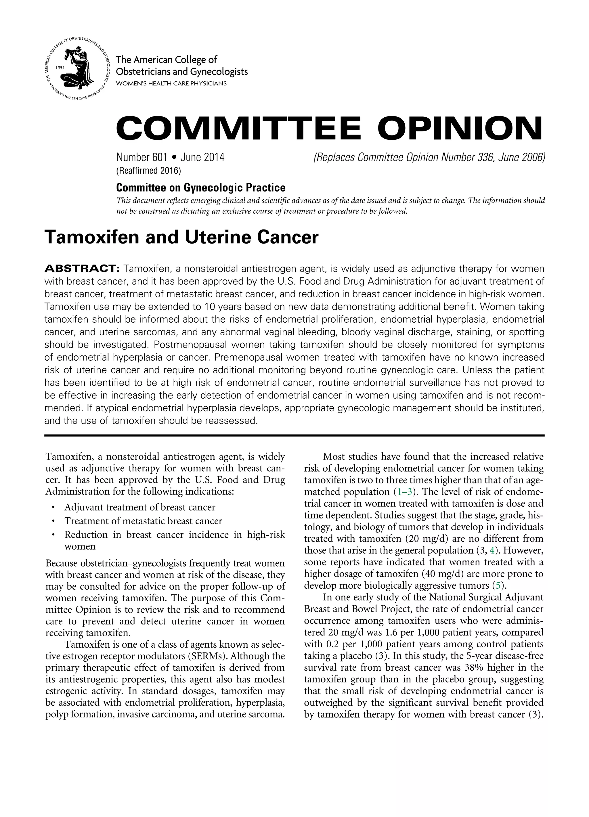 Tamoxifen and uterine cancer | PDF
