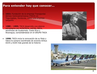 Para entender hay que conocer…

•   1931: Fundación de la empresa Transportes
    Aéreos Centroamericanos (TACA) en
    Tegucigalpa, Honduras, como una empresa
    carguera


•   1989 – 1995: TACA desarrolla una alianza
    estratégica con AVIATECA, LACSA, NICA,
    aerolíneas de Guatemala, Costa Rica y
    Nicaragua, consolidándose en el GRUPO TACA


•   1998: TACA inicia la renovación de su flota y
    lidera la compra coordinada de aviones Airbus
    A319 y A320 más grande de la historia




                                                    8
 