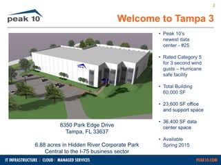 Welcome to Tampa 3 
• Peak 10’s 
newest data 
center - #25 
• Rated Category 5 
for 3 second wind 
gusts – Hurricane 
safe facility 
• Total Building 
60,000 SF 
• 23,600 SF office 
and support space 
• 36,400 SF data 
center space 
• Available 
Spring 2015 
8350 Park Edge Drive 
Tampa, FL 33637 
6.88 acres in Hidden River Corporate Park 
Central to the I-75 business sector 
2 
 