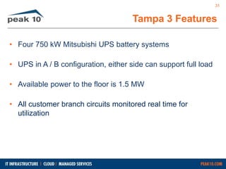 Tampa 3 Features 
• Four 750 kW Mitsubishi UPS battery systems 
• UPS in A / B configuration, either side can support full load 
• Available power to the floor is 1.5 MW 
• All customer branch circuits monitored real time for 
utilization 
31 
 