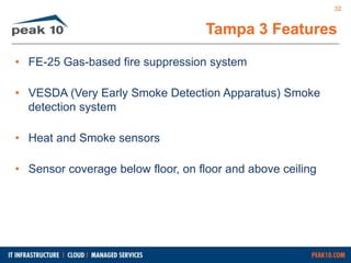 Tampa 3 Features 
• FE-25 Gas-based fire suppression system 
• VESDA (Very Early Smoke Detection Apparatus) Smoke 
detection system 
• Heat and Smoke sensors 
• Sensor coverage below floor, on floor and above ceiling 
32 
 