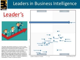 Leader in Business Intelligence
Leaders in Business Intelligence
*The graphic was published by Gartner, Inc. as part of a ...