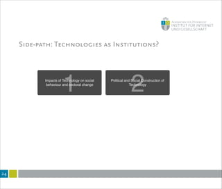 Side-path: Technologies as Institutions?
!24
Impacts of Technology on social
behaviour and sectoral change
1 Political and Social Construction of
Technology
2
 