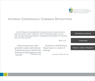 !5
Internet Governance: Common Definitions
„the development and application by governments, the private sector
and civil society, in their respective roles, of shared principles, norms,
rules, decision-making procedures, and programs that shape the evolution
and use of the Internet“
WGIG 2005
„Common to all definitions
of governance is a notion of
steering.“
„Internet governance refers
generally to policy and technical
coordination issues related to the
exchange of information over the
Internet“ DeNArdis 2009 van eeten / Mueller 2013
Rule-Making as Steering
Intentionality
Subject vs. Object of Regulation
 