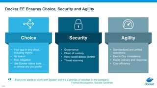 Docker allows GSK to support a multitude of tools, technologies and interfaces.
Ranjith Raghunath, GlaxoSmithKline
Docker helped us achieve a much better security position.
Jan Hedstrom, Assa Abloy
…Everyone wants to work with Docker and it’s a change of mindset in the company.
Thomas Boussardon, Societe Generale
Only Docker Delivers All Three Core Enterprise Requirements
• Your app in any cloud,
including Hybrid
• No lock-in
• Risk mitigation
• Use Docker native tools …
or almost any you prefer
Choice Security Agility
• Governance
• Chain of custody
• Role-based access control
• Threat scanning
• Standardized and unified
operations
• Dev to Ops consistency
• Rapid Delivery and response
• Cost efficiency
Docker EE Ensures Choice, Security and Agility
 