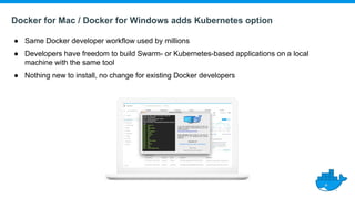 Docker for Mac / Docker for Windows adds Kubernetes option
● Same Docker developer workflow used by millions
● Developers have freedom to build Swarm- or Kubernetes-based applications on a local
machine with the same tool
● Nothing new to install, no change for existing Docker developers
 