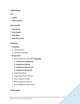 LOGIN (Selesai)

 FILE :

  LogOut
  Keluar Program


 DATA MASTER :

  Data Barang
  Data Supplier
  Data Lokasi
  Data Memo Audit


 TRANSAKSI :

  Pembelian :
    a. Data Pembelian
    b. Data Retur Pembelian
  Pengeluaran :
    a. Data Pengeluaran, terdiri dari 3 sub-menu :
          1. Pengeluaran Pemeliharaan
          2. Pengeluaran Dekorasi
          3. Pengeluaran Dalam Proses
          4. Pengeluaran Barang Jadi
    b. Harga Pokok Mesin
    c. Harga Pokok Proyek Dekorasi
    d. Retur Pengeluaran Biaya
    e. Retur Pengeluaran Dekorasi
    f. Retur Pengeluaran Dalam Proses


 PENGATURAN :

                                                     2

Program Inventory Gudang Komponen
 