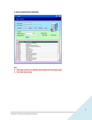 5. DATA LOKASI (DATA MASTER)




   Ket :
   1. Edit data masih error (ketika data diubah lalu disimpan lagi)
   2. Cari data belum bisa




                                                                      2

Program Inventory Gudang Komponen
 