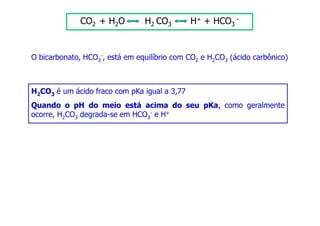 CO2 + H2O H2 CO3 H+ + HCO3
-
O bicarbonato, HCO3
-, está em equilíbrio com CO2 e H2CO3 (ácido carbônico)
H2CO3 é um ácido fraco com pKa igual a 3,77
Quando o pH do meio está acima do seu pKa, como geralmente
ocorre, H2CO3 degrada-se em HCO3
- e H+
 