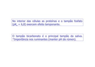 No interior das células as proteínas e o tampão fosfato
No interior das células as proteínas e o tampão fosfato
(pKa = 6,8) exercem efeito tamponante.
O tampão bicarbonato é o principal tampão da saliva.
*Importância nos ruminantes (manter pH do rúmen).
 