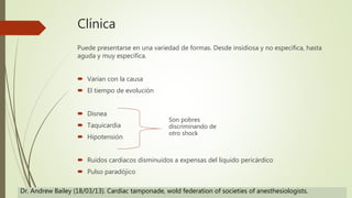 Clínica
Puede presentarse en una variedad de formas. Desde insidiosa y no especifica, hasta
aguda y muy especifica.
 Varían con la causa
 El tiempo de evolución
 Disnea
 Taquicardia
 Hipotensión
 Ruidos cardiacos disminuidos a expensas del liquido pericárdico
 Pulso paradójico
Son pobres
discriminando de
otro shock
Dr. Andrew Bailey (18/03/13). Cardiac tamponade, wold federation of societies of anesthesiologists.
 