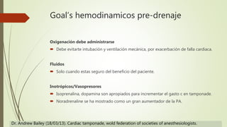Goal’s hemodinamicos pre-drenaje
Oxigenación debe administrarse
 Debe evitarte intubación y ventilación mecánica, por exacerbación de falla cardiaca.
Fluidos
 Solo cuando estas seguro del beneficio del paciente.
Inotrópicos/Vasopresores
 Isoprenalina, dopamina son apropiados para incrementar el gasto c en tamponade.
 Noradrenaline se ha mostrado como un gran aumentador de la PA.
Dr. Andrew Bailey (18/03/13). Cardiac tamponade, wold federation of societies of anesthesiologists.
 