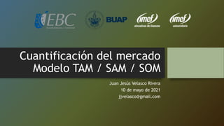 Cuantificación del mercado
Modelo TAM / SAM / SOM
Juan Jesús Velasco Rivera
10 de mayo de 2021
jjvelasco@gmail.com
 