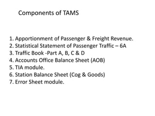 1. Apportionment of Passenger & Freight Revenue.
2. Statistical Statement of Passenger Traffic – 6A
3. Traffic Book -Part A, B, C & D
4. Accounts Office Balance Sheet (AOB)
5. TIA module.
6. Station Balance Sheet (Cog & Goods)
7. Error Sheet module.
Components of TAMS
 