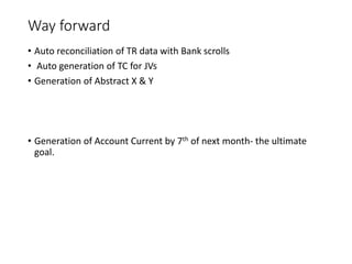 Way forward
• Auto reconciliation of TR data with Bank scrolls
• Auto generation of TC for JVs
• Generation of Abstract X & Y
• Generation of Account Current by 7th of next month- the ultimate
goal.
 