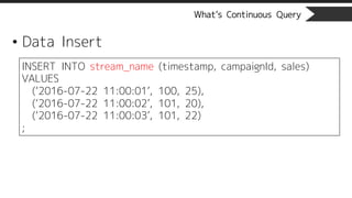 What’s Continuous Query
• Data Insert
INSERT INTO stream_name (timestamp, campaignId, sales)
VALUES
(‘2016-07-22 11:00:01’, 100, 25),
(‘2016-07-22 11:00:02’, 101, 20),
(‘2016-07-22 11:00:03’, 101, 22)
;
 