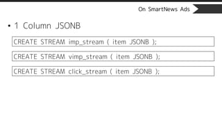 On SmartNews Ads
• 1 Column JSONB
CREATE STREAM imp_stream ( item JSONB );
CREATE STREAM vimp_stream ( item JSONB );
CREATE STREAM click_stream ( item JSONB );
 