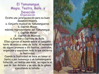 Organización
Existe una jerarquización para su buen
desenvolvimiento.
a. Conjunto musical de tamunangueros.
b. Capitán Mayor
máximo representante del Tamunangue.
c. Capitán Menor
d . Capitán de Músicos.
e. Capitán y Capitana de Baile.
Ellos ejercen el mando sobre el conjunto
tanto de música como de baile: Al momento
de alguna promesa o día festivo, controlan,
organizan y coordinan todo lo que encierra
la festividad.
Cuando la festividad se hace en honor al
Santo o por homenaje a un tamunanguero
fallecido, se realiza una misa, se reparte el
pan de San Antonio y se sale de la iglesia
ejecutando la batalla.
El Tamunangue
Magia, Teatro, Baile y
Devoción
 