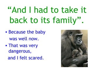 And I had to take it
 back to its family.
? Because the baby
  was well now.
? That was very
  dangerous,
 and I felt scared.
 