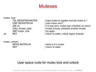User space code for mutex lock and unlock
Mutexes
Tanenbaum, Modern Operating Systems 3 e, (c) 2008 Prentice-Hall, Inc. All rights reserved. 0-13-6006639
 