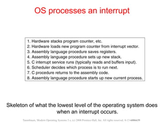 Skeleton of what the lowest level of the operating system does
when an interrupt occurs.
OS processes an interrupt
Tanenbaum, Modern Operating Systems 3 e, (c) 2008 Prentice-Hall, Inc. All rights reserved. 0-13-6006639
 