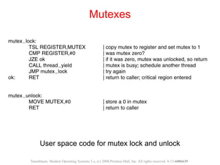 User space code for mutex lock and unlock
Mutexes
Tanenbaum, Modern Operating Systems 3 e, (c) 2008 Prentice-Hall, Inc. Al...