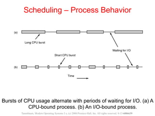 Bursts of CPU usage alternate with periods of waiting for I/O. (a) A
CPU-bound process. (b) An I/O-bound process.
Scheduli...