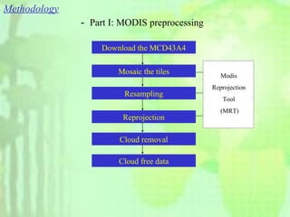 Methodology － Part I: MODIS preprocessing Download the MCD43A4 Mosaic the tiles Resampling Modis  Reprojection  Tool  (MRT) Cloud removal Reprojection Cloud free data 