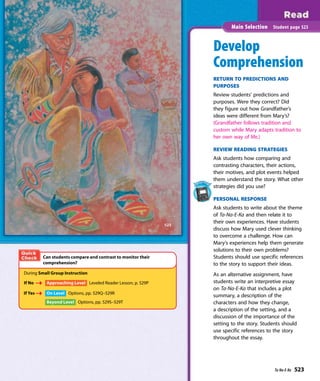 523
Develop
Comprehension
RETURN TO PREDICTIONS AND
PURPOSES
Review students’ predictions and
purposes. Were they correct? Did
they figure out how Grandfather’s
ideas were different from Mary’s?
(Grandfather follows tradition and
custom while Mary adapts tradition to
her own way of life.)
REVIEW READING STRATEGIES
Ask students how comparing and
contrasting characters, their actions,
their motives, and plot events helped
them understand the story. What other
strategies did you use?
PERSONAL RESPONSE
Ask students to write about the theme
of Ta-Na-E-Ka and then relate it to
their own experiences. Have students
discuss how Mary used clever thinking
to overcome a challenge. How can
Mary’s experiences help them generate
solutions to their own problems?
Students should use specific references
to the story to support their ideas.
As an alternative assignment, have
students write an interpretive essay
on Ta-Na-E-Ka that includes a plot
summary, a description of the
characters and how they change,
a description of the setting, and a
discussion of the importance of the
setting to the story. Students should
use specific references to the story
throughout the essay.
Main Selection Student page 523
During Small Group Instruction
If No Approaching Level Leveled Reader Lesson, p. 529P
If Yes On Level Options, pp. 529Q–529R
Beyond Level Options, pp. 529S–529T
Can students compare and contrast to monitor their
comprehension?
Ta-Na-E-Ka 523
 