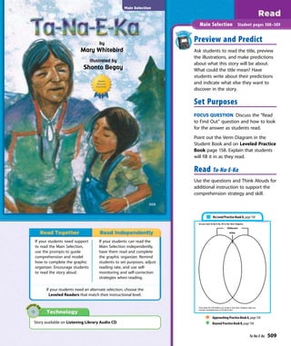 by
Mary Whitebird
Main Selection
illustrated by
Shonto Begay
509509
Preview and Predict
Ask students to read the title, preview
the illustrations, and make predictions
about what this story will be about.
What could the title mean? Have
students write about their predictions
and indicate what else they want to
discover in the story.
Set Purposes
FOCUS QUESTION Discuss the “Read
to Find Out” question and how to look
for the answer as students read.
Point out the Venn Diagram in the
Student Book and on Leveled Practice
Book page 158. Explain that students
will fill it in as they read.
Read Ta-Na-E-Ka
Use the questions and Think Alouds for
additional instruction to support the
comprehension strategy and skill.
Main Selection Student pages 508–509
As you read Ta-Na-E-Ka, fill in the Venn Diagram.
How does the information you wrote in this Venn Diagram help you
monitor comprehension of Ta-Na-E-Ka?
On Level Practice Book O, page 158
Approaching Practice Book A, page 158
Beyond Practice Book B, page 158Story available on Listening Library Audio CD
If your students need support
to read the Main Selection,
use the prompts to guide
comprehension and model
how to complete the graphic
organizer. Encourage students
to read the story aloud.
If your students can read the
Main Selection independently,
have them read and complete
the graphic organizer. Remind
students to set purposes, adjust
reading rate, and use self-
monitoring and self-correction
strategies when reading.
If your students need an alternate selection, choose the
Leveled Readers that match their instructional level.
Ta-Na-E-Ka 509
 