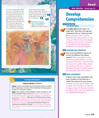 out for enemies. And we did have
enemies—both the white soldiers and
the Omaha warriors, who were always
trying to capture Kaw boys and girls
undergoing their endurance test. It
was an exciting time.”
“To survive, we must endure. When
I was a boy, Ta-Na-E-Ka was more
than the mere symbol it is now. We
were painted white with the juice of
a sacred herb and sent naked into
the wilderness without so much as a
knife. We couldn’t return until the
white had worn off. It wouldn’t wash
off. It took almost eighteen days,
and during that time we had to stay
alive, trapping food, eating insects
and roots and berries, and watching
Compare and Contrast
How is the grandfather’s
opinion of Ta-Na-E-Ka
different from Mary’s opinion?
513
Literary Device: Flashback
Explain Authors use flashbacks to give background for something
that is happening in the story. Often a flashback will help explain a
situation or a character’s motives.
Apply Have students read grandfather’s speech on page 513. Ask,
Is this a flashback? Why or why not? (Students should recognize
that although the speech is part of the dialogue, it is a flashback to
grandfather’s childhood.) What does this flashback tell you about
Ta-Na-E-Ka? (It explains why Ta-Na-E-Ka is a part of Kaw heritage. In
grandfather’s time survival was more important, and undergoing
Ta-Na-E-Ka was essential.) How does this flashback help you to
understand grandfather’s feelings? (Ta-Na-E-Ka was an important
part of his past, and it is this past that he wants Mary and Roger to
be a part of.)
Develop
Comprehension
7 STRATEGY
USE WORD PARTS
The Latin root durare means “to
make hard.” How does this help you
understand what an “endurance test”
is? (An endurance test is used to
determine how long a person can do
a tiring or difficult task. Some people
would say a person who is successful
in an endurance test has become
hardened or has become tougher.)
8 COMPARE AND CONTRAST
How is the grandfather’s opinion of
Ta-Na-E-Ka different from Mary’s
opinion? (Mary’s grandfather values
endurance and the ability to survive.
He values Ta-Na-E-Ka, a ceremony that
tests a person’s abilities. Mary dreads
the ceremony. She sees no need to
participate because she plans to leave
the reservation when she is older.)
9 MAKE JUDGMENTS
Is Mary’s view of her grandfather and
other members of the tribe fair or
unfair? Give reasons for your answer.
(Students may say that no, Mary’s view
is not fair since she does not value her
heritage enough. Or they may say that
yes, Mary’s view is fair since Ta-Na-E-Ka
is an old-fashioned practice.)
Main Selection Student page 513
8
7
9
Ta-Na-E-Ka 513
 