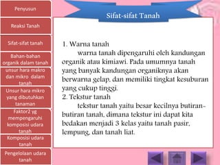 Penyusun
Sifat-sifat tanah
Bahan-bahan
organik dalam tanah
unsur hara makro
dan mikro dalam
tanah
Unsur hara mikro
yang dibutuhkan
tanaman
Faktor2 yg
mempengaruhi
komposisi udara
tanah
Komposisi udara
tanah
Pengelolaan udara
tanah
Reaksi Tanah
1. Warna tanah
warna tanah dipengaruhi oleh kandungan
organik atau kimiawi. Pada umumnya tanah
yang banyak kandungan organiknya akan
berwarna gelap, dan memiliki tingkat kesuburan
yang cukup tinggi.
2. Tekstur tanah
tekstur tanah yaitu besar kecilnya butiran-
butiran tanah, dimana tekstur ini dapat kita
bedakan menjadi 3 kelas yaitu tanah pasir,
lempung, dan tanah liat.
Sifat-sifatTanah
 