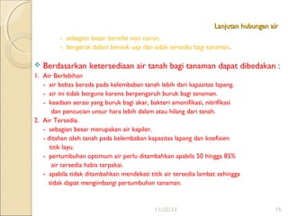 Lanjutan hubungan air
         - sebagian besar bersifat non cairan.
         - bergerak dalam bentuk uap dan tidak tersedia bagi tanaman.

   Berdasarkan ketersediaan air tanah bagi tanaman dapat dibedakan :
1. Air Berlebihan
   - air bebas berada pada kelembaban tanah lebih dari kapasitas lapang.
   - air ini tidak berguna karena berpengaruh buruk bagi tanaman.
   - keadaan aerasi yang buruk bagi akar, bakteri amonifikasi, nitrifikasi
       dan pencucian unsur hara lebih dalam atau hilang dari tanah.
2. Air Tersedia.
   - sebagian besar merupakan air kapiler.
   - ditahan oleh tanah pada kelembaban kapasitas lapang dan koefisien
      titik layu.
   - pertumbuhan optimum air perlu ditambahkan apabila 50 hingga 85%
       air tersedia habis terpakai.
   - apabila tidak ditambahkan mendekati titik air tersedia lambat sehingga
     tidak dapat mengimbangi pertumbuhan tanaman.


                                           11/22/12                                  16
 