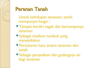 Peranan Tanah
 Untuk kehidupan tanaman, tanah
 mempunyai fungsi :
Tempat berdiri tegak dan bertumpunya
 tanaman
Sebagai medium tumbuh yang
 menyediakan
Pertukaran hara antara tanaman dan
 tanah
Sebagai penyediaan dan gudangnya air
 bagi tanaman
 